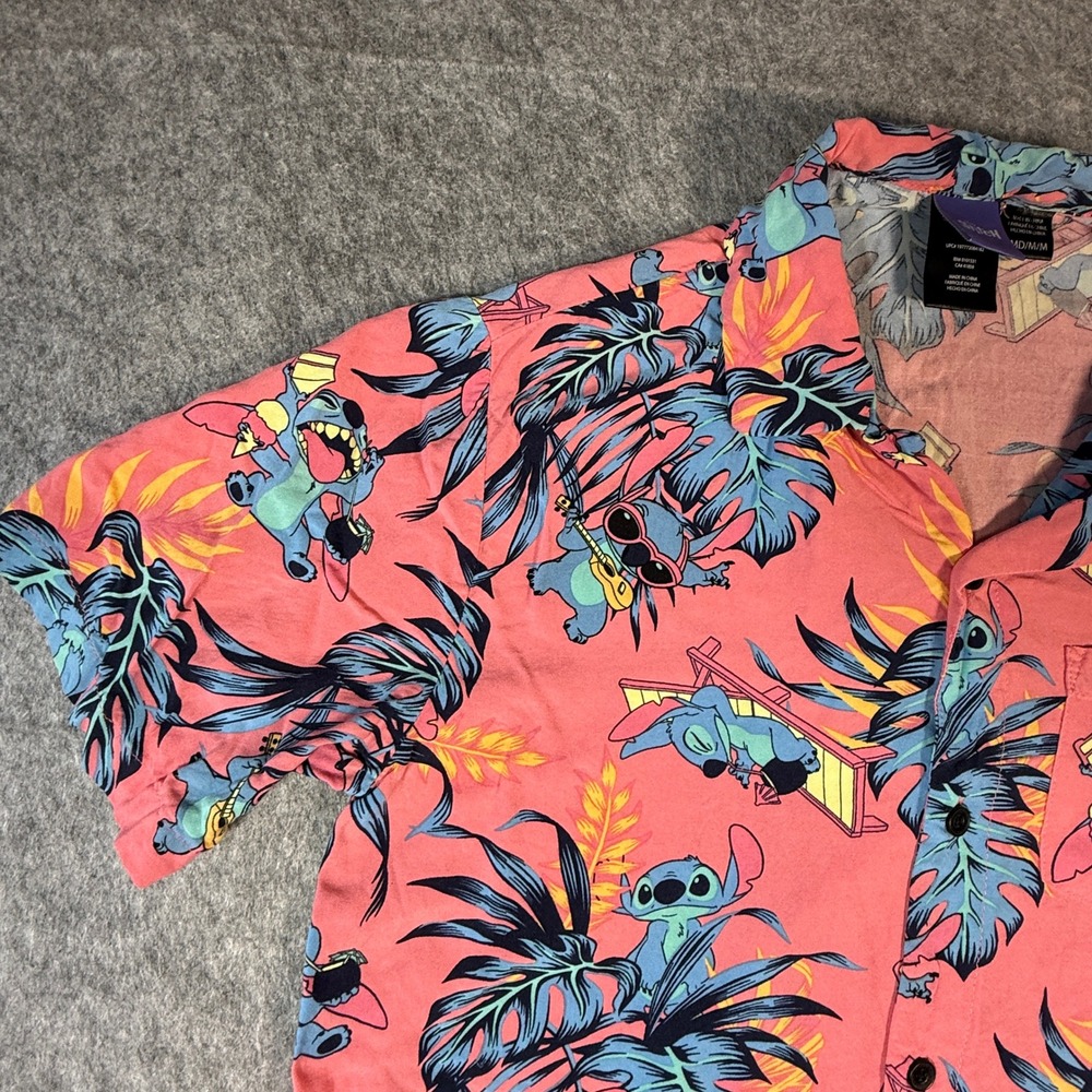 Disney Stitch Shirt Mens Medium Pink Tropical Hawaiian Button Down Short Sleeve - Picture 3 of 9